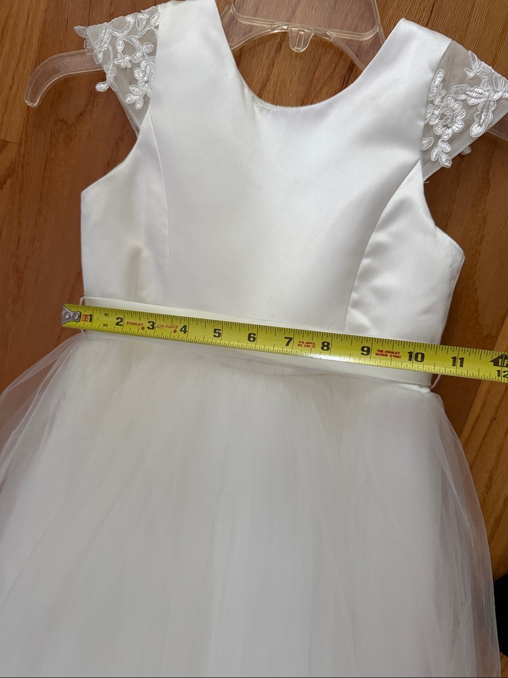 White Tulle Flower Girl Dress with Lace Cap Sleeves - Picture 9 of 12